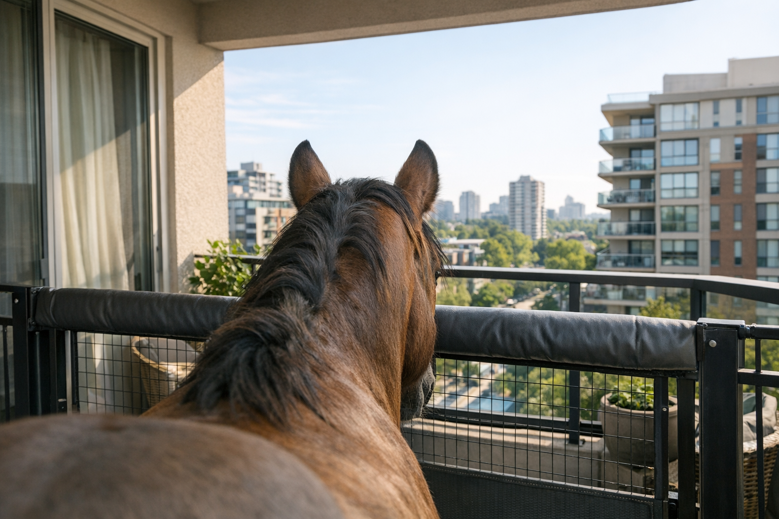 Koń na balkonie w upalne dni – wzmacnianie barierki i systemy cieniowania dla zwierząt powyżej 500 kg