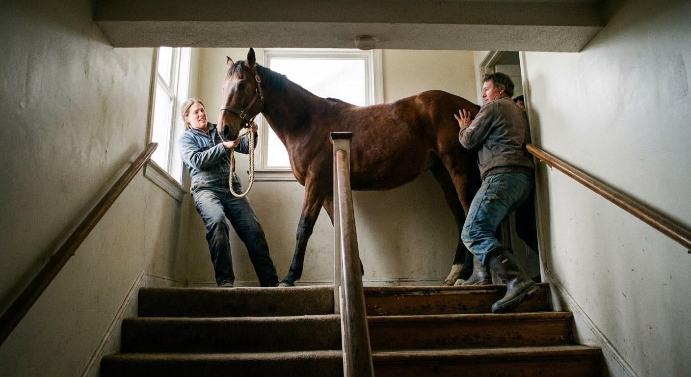Koń na pierwszym piętrze w domu mieszkalnym, wprowadzanie konie po schodach