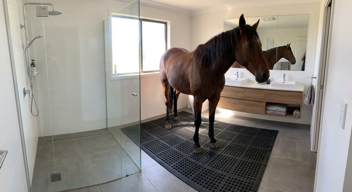 Toaleta dla konia w łazience typu walk-in – adaptacja odpływów liniowych i nauka czystości w kafelkowanym wnętrzu