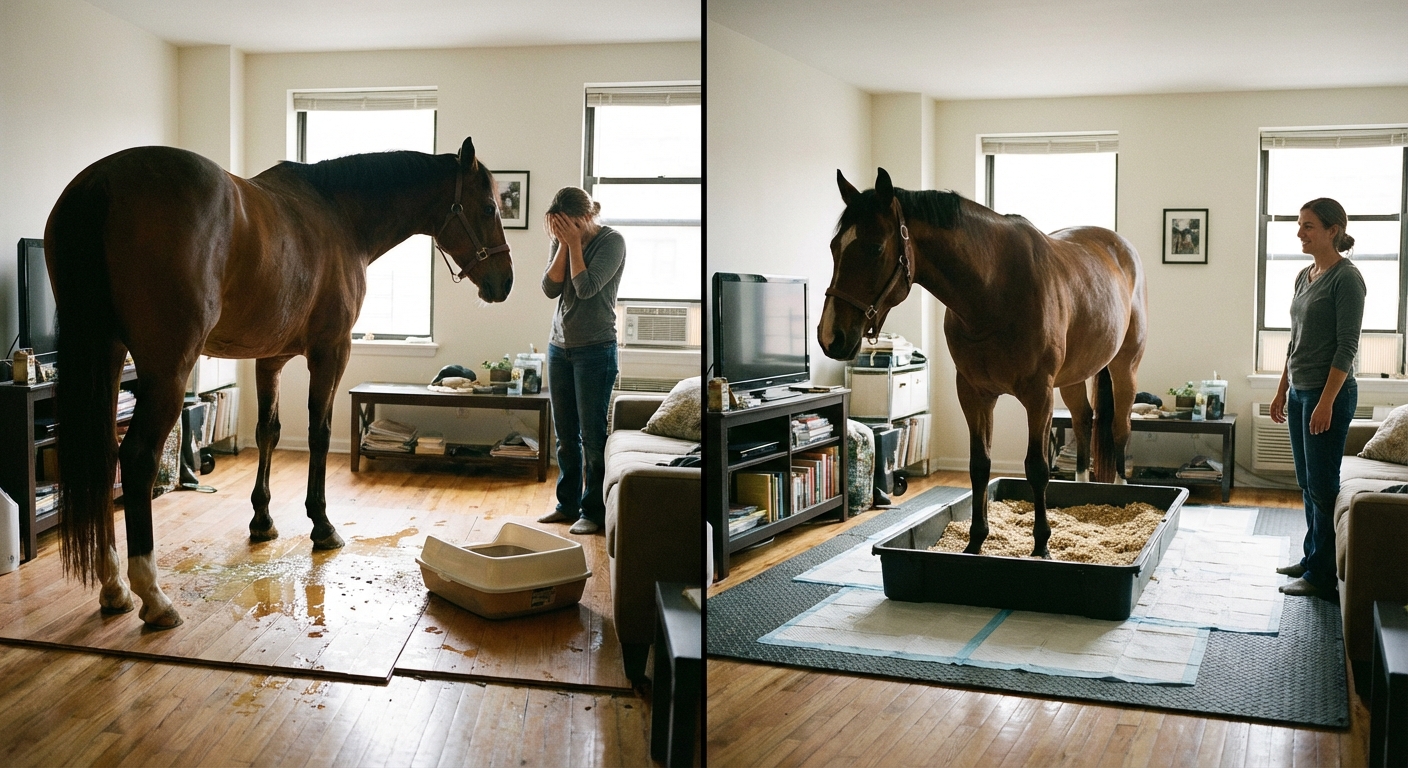 Porównanie: wypadek na podłodze vs koń spokojnie korzystający z dobrze przygotowanej toalety w tym samym pokoju